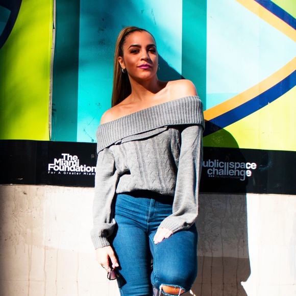 Gray Off Shoulder Sweater - Picture 1 of 3